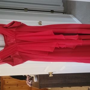 Euc Pristine Red full length gown with diamond like accent and matching scarf.